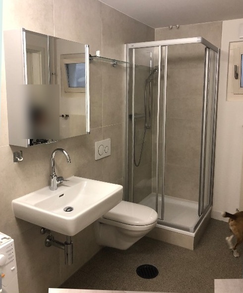 Fertig umgebautes Bad mit Duschkabine, Waschbecken und Wand-WC